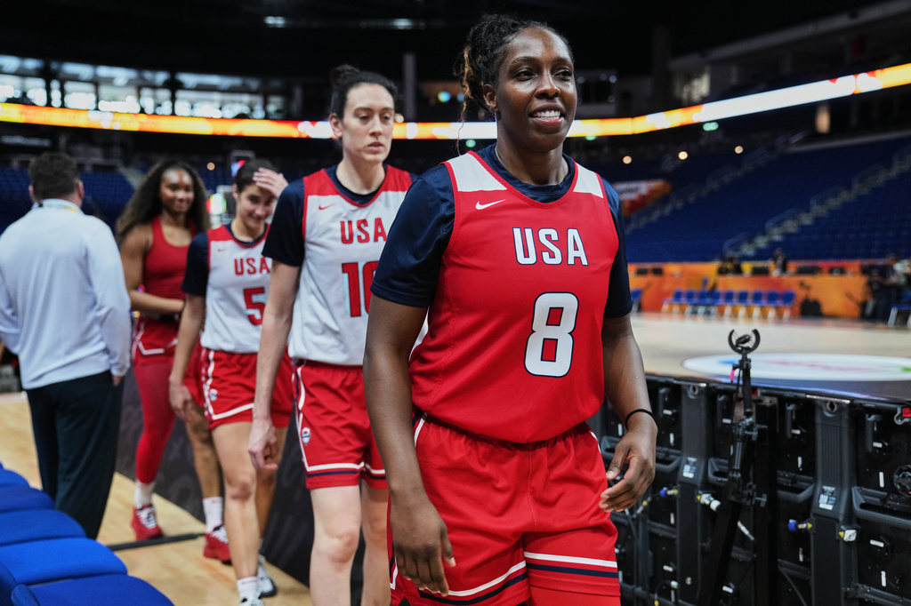 Chelsea Gray (8) of United States attends a training session ahead of the match between China and United States during the Women's Basketball World Cup in Berlin, Germany, Wednesday, Sept. 2, 2026. (AP Photo/Ebrahim Noroozi)