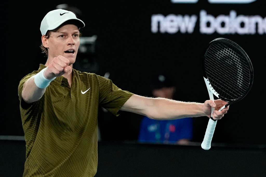 Jannik Sinner of Italy reacts after defeating Ben Shelton of the U.S. in their quarterfinal match at the Australian Open tennis championship in Melbourne, Australia, Wednesday, Jan. 28, 2026. (AP Photo/Aaron Favila)
