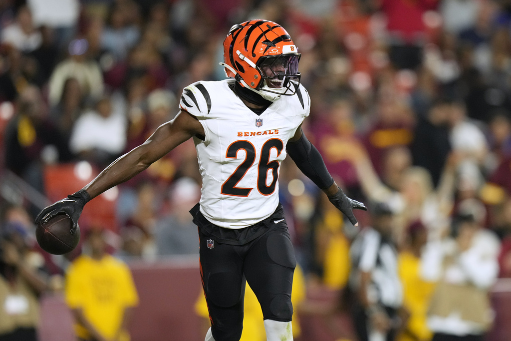 Cincinnati Bengals safety Tycen Anderson celebrates after intercepting a pass during the first half of a preseason NFL football game against the Washington Commanders Monday, Aug. 18, 2025, in Landover, Md. (AP Photo/Stephanie Scarbrough)