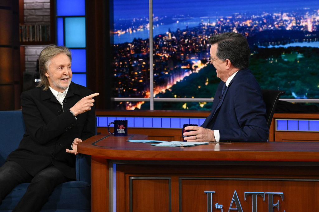 This image released by CBS shows Paul McCartney, left, with host Stephen Colbert during the final episode of "The Late Show with Stephen Colbert" in New York on Thursday, May 21, 2026. (Scott Kowalchyk/CBS via AP)