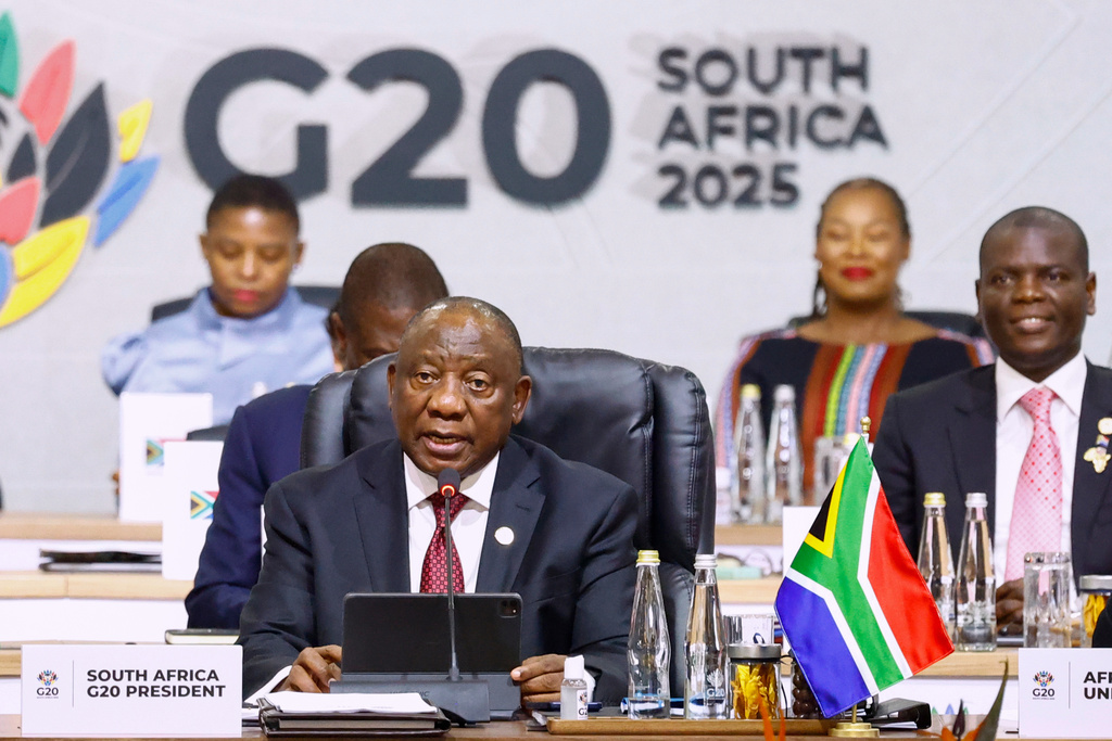 South African President Cyril Ramaphos addresses the opening session of the G20 leaders' summit, in Johannesburg, South Africa, Saturday, Nov. 22, 2025. (Thomas Mukoya/Pool Photo via AP)