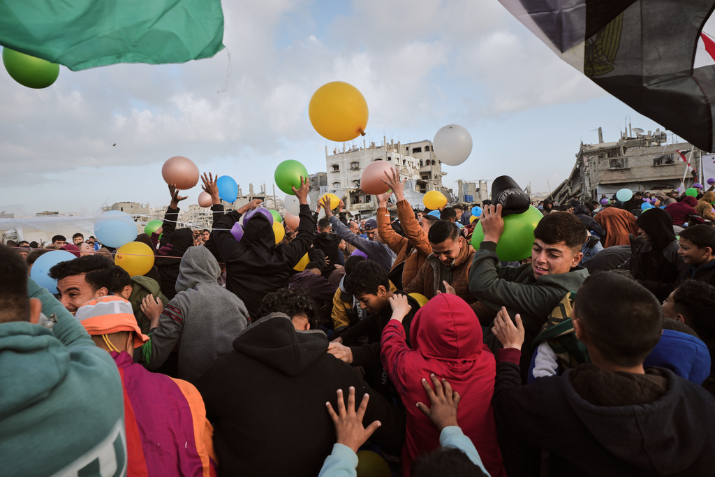 Palestinians celebrate Eid al-Fitr in Jabaliya, Gaza Strip, Friday, March 20, 2026. (AP Photo/Jehad Alshrafi)
