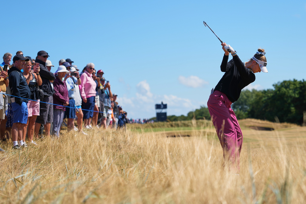 Nelly Korda, of the United States, plays a shot out of the rough on the 3rd hole during the second round of the Women's British Open golf championship in Lytham St Annes, England, Friday, July 31, 2026. (AP Photo/Jon Super)