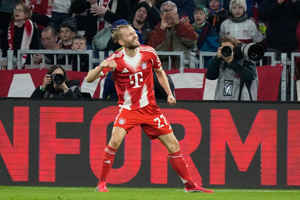 Bayern's Konrad Laimer celebrates after scoring his side's second goal during the Bundesliga soccer match between FC Bayern Munich and Borussia Moenchengladbach in Munich, Germany, March 6, 2026. (AP Photo/Matthias Schrader)