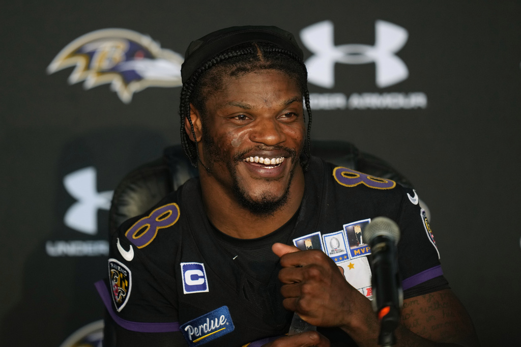 Baltimore Ravens quarterback Lamar Jackson speaks after a practice for an NFL football game against the Dallas Cowboys in Rio de Janeiro, Friday, Sept. 25, 2026. (AP Photo/Andre Penner)