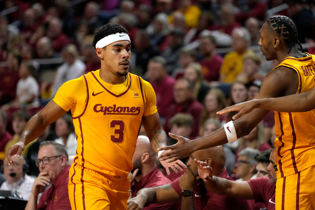 Iowa State guard Tamin Lipsey (3) reacts with teammates during the first half of an NCAA college basketball game against Fairleigh Dickinson, Monday, Nov. 3, 2025, in Ames, Iowa. (AP Photo/Charlie Neibergall)