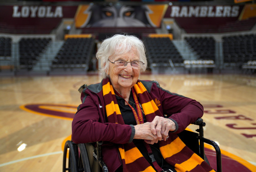 FILE - Sister Jean Dolores Schmidt, the Loyola University men's basketball chaplain and school celebrity, sits for a portrait in The Joseph J. Gentile Arena, on Monday, Jan. 23, 2023, in Chicago. T(AP Photo/Jessie Wardarski, file) FILE - Sister Jean Dolores Schmidt, the Loyola University men's basketball chaplain and school celebrity, sits for a portrait in The Joseph J. Gentile Arena, on Monday, Jan. 23, 2023, in Chicago. T(AP Photo/Jessie Wardarski, file)