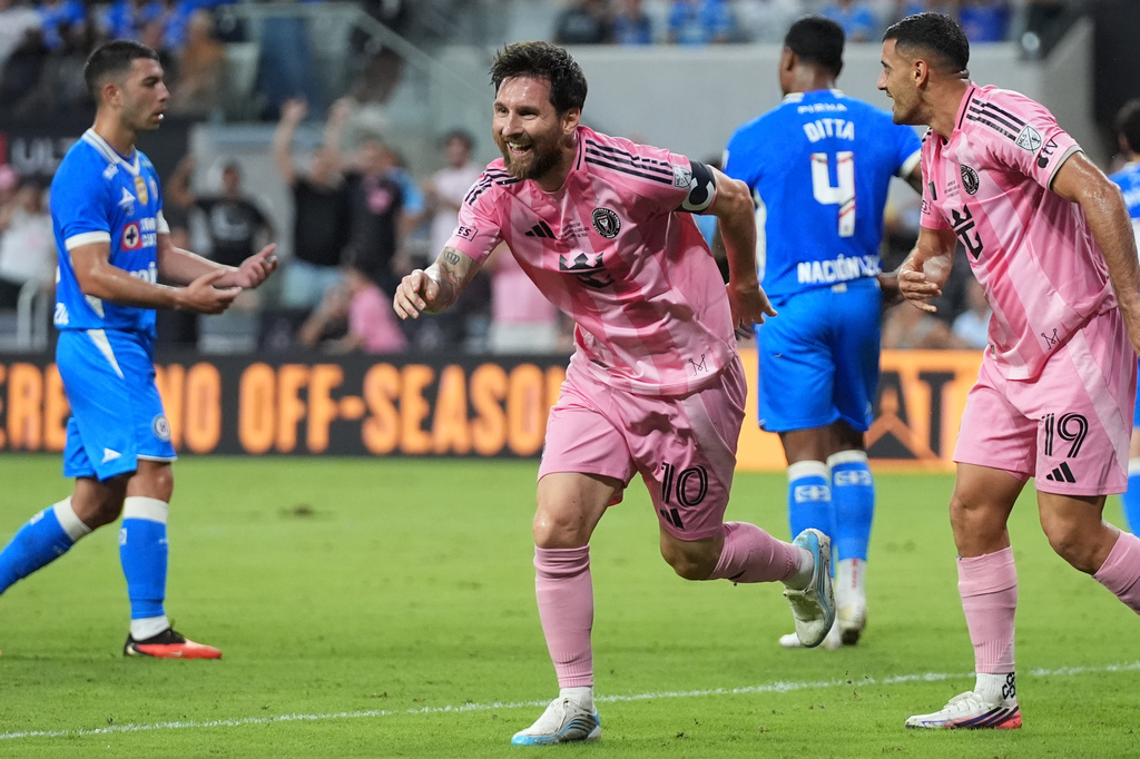 Inter Miami's Lionel Messi (10) celebrates after scoring a goal during the first half of the Campeones Cup soccer match against Cruz Azul, Wednesday, Sept. 16, 2026, in Miami. (AP Photo/Lynne Sladky)