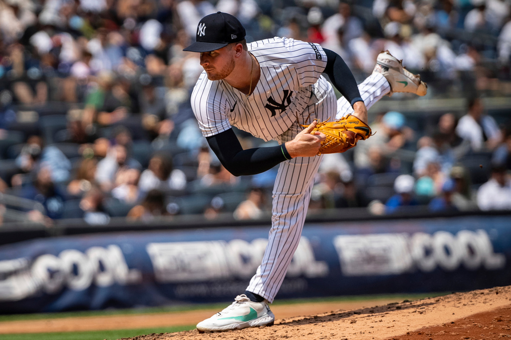 FILE - New York Yankees pitcher Clarke Schmidt (36) throws during the fifth inning of a baseball game against the Athletics, June 28, 2025, in New York. (AP Photo/Angelina Katsanis, File)