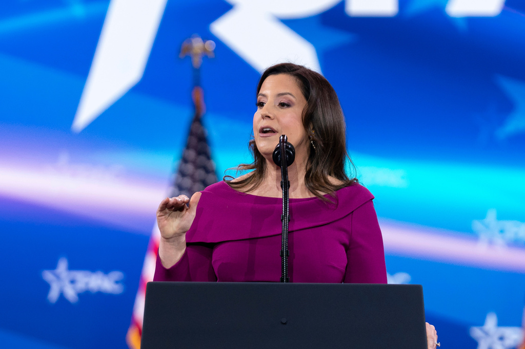 FILE - Rep. Elise Stefanik, R-NY., speaks at the Conservative Political Action Conference, CPAC, at the Gaylord National Resort & Convention Center, Feb. 22, 2025, in Oxon Hill, Md. (AP Photo/Jose Luis Magana, File)