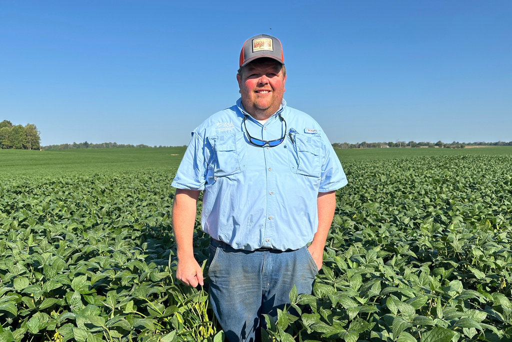 Kentucky Farmer Caleb Ragland stands in one of his soybean fields in Magnolia, Ky., Sept. 12, 2025. (AP Photo/Dylan Lovan)