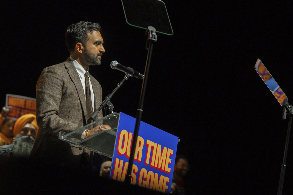 New York City mayoral candidate Zohran Mamdani speaks during his election campaign event, Monday, Oct. 13, 2025, in New York. (AP Photo/Olga Fedorova)
