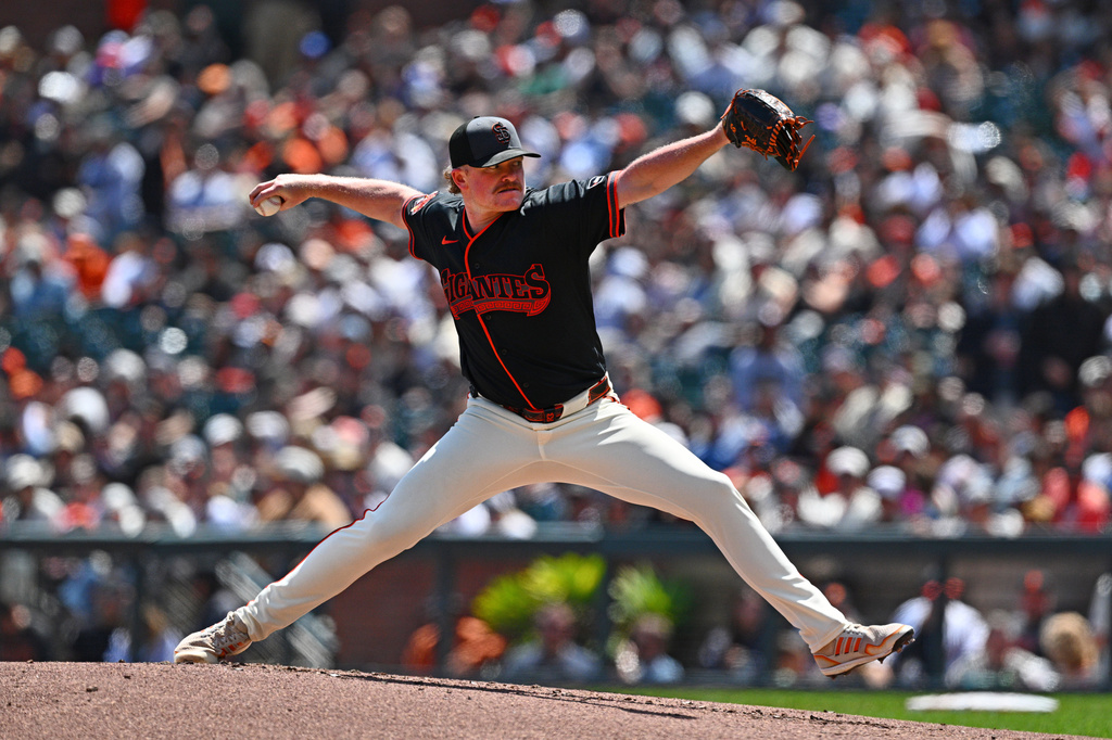 San Francisco Giants starting pitcher Logan Webb (62) pitches against the Colorado Rockies in the first inning of baseball game in San Francisco, Calif., Saturday, Aug. 15, 2026. (Jose Carlos Fajardo/Bay Area News Group)