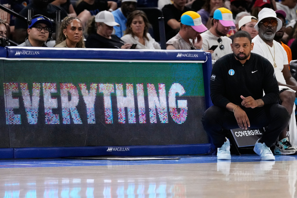 Chicago Sky head coach Tyler Marsh watches players during the second half of a WNBA basketball game against the Seattle Storm Wednesday, July 15, 2026, in Chicago. (AP Photo/Nam Y. Huh)