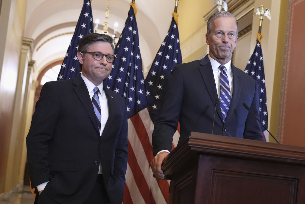 FILE—In a show of Republican unity, Speaker of the House Mike Johnson, R-La., left, and Senate Majority Leader John Thune, R-S.D., make statements to reporters at the Capitol in Washington, Thursday, April 10, 2025. With a critical funding deadline looming at the end of September, Congress is charging toward a federal government shutdown, but GOP leaders said they could tee up a vote on a short-term spending bill that would keep the federal government fully operational when the new budget year begins Oct. 1. It would likely be a temporary patch, into mid-November. (AP Photo/J. Scott Applewhite, File)