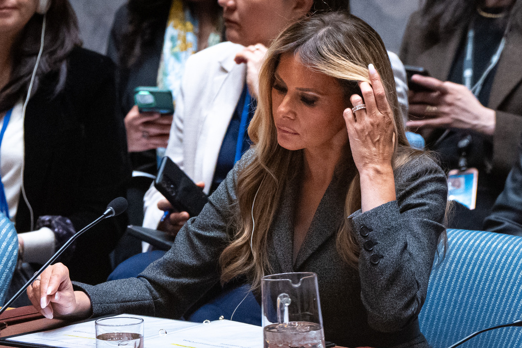 Melania Trump, first lady of the United States, presides over the United Nations Security Council at United Nations headquarters, Monday, March 2, 2026. (AP Photo/Angelina Katsanis)