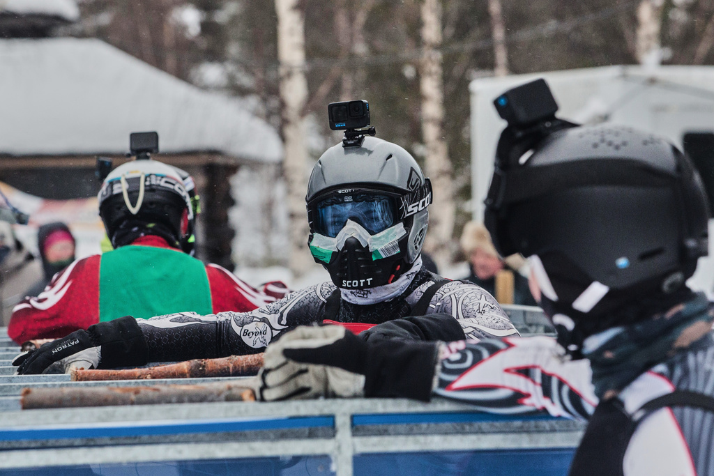 Jonne Mikkola, center, and other mushers wait in the starting gates for their reindeer to be loaded before a heat at the Salla Porocup reindeer sprint racing event in Salla, Finland, March 8, 2026. (AP Photo/Aino Vaananen)
