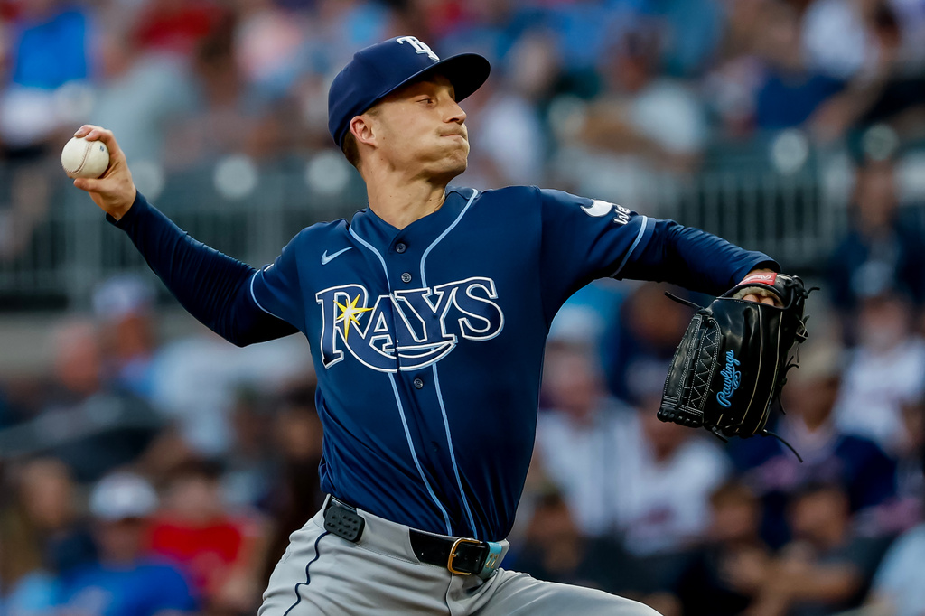 Tampa Bay Rays pitcher Griffin Jax delivers to an Atlanta Braves batter during the second inning of a baseball game, Wednesday, Sept. 9, 2026, in Atlanta. (AP Photo/Erik S. Lesser)