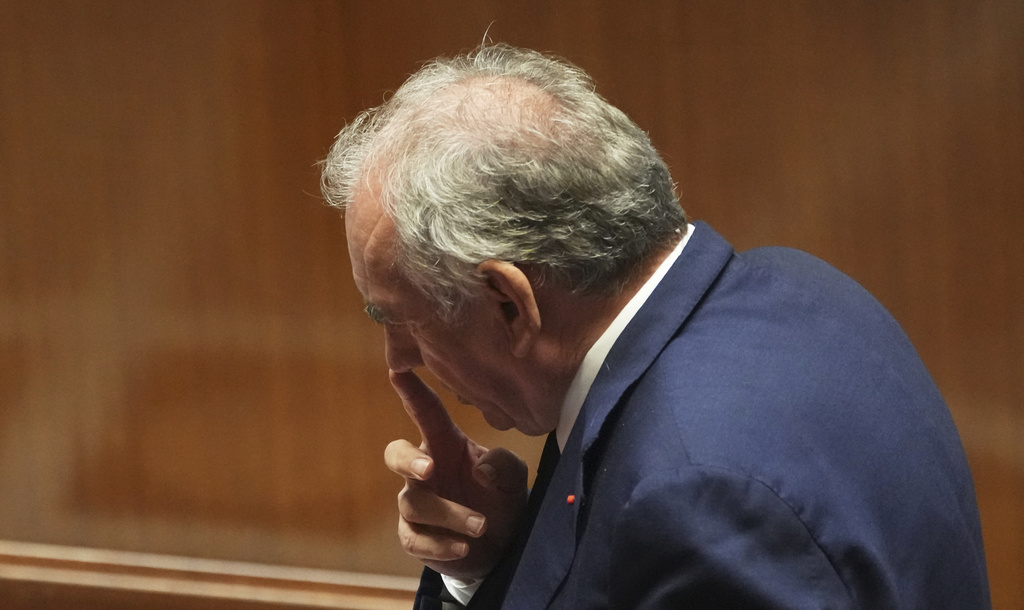 French Prime Minister Francois Bayrou reacts after his speech at the National Assembly, prior to a parliamentary confidence vote that could bring him down, in Paris, France, Monday, Sept. 8, 2025. (AP Photo/Christophe Ena)