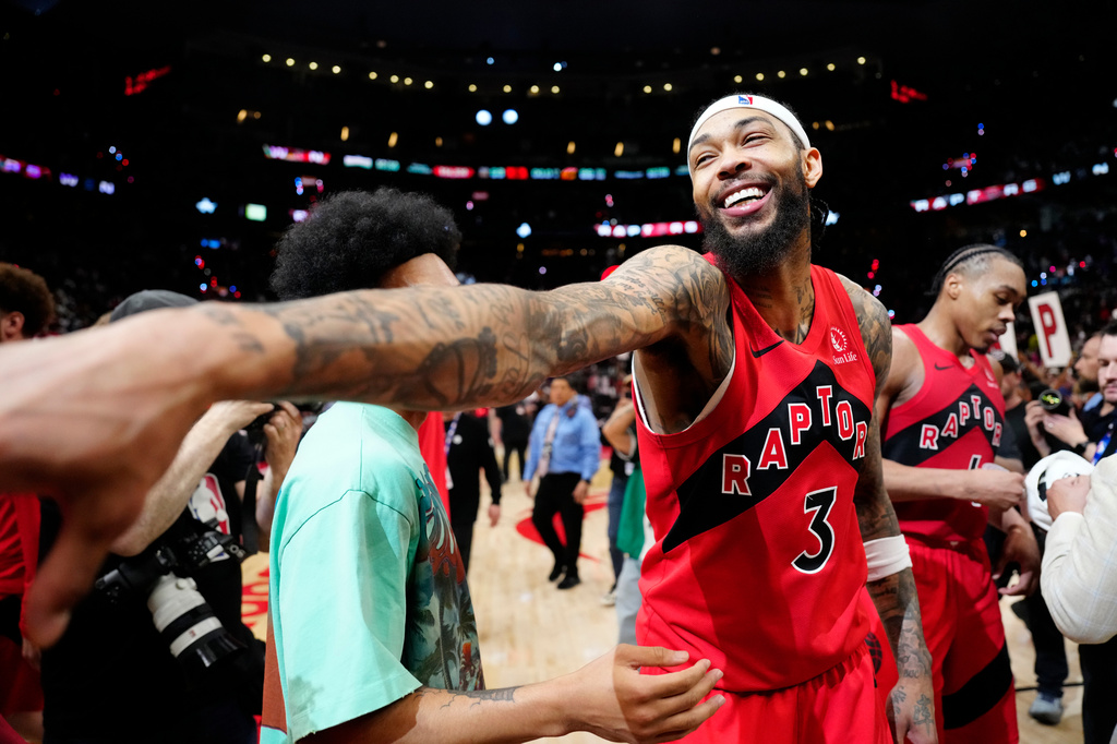 Toronto Raptors forward Brandon Ingram (3) celebrates after Game 4 in a first-round NBA basketball playoffs series against the Cleveland Cavaliers in Toronto, Sunday, April 26, 2026. (Frank Gunn/The Canadian Press via AP)