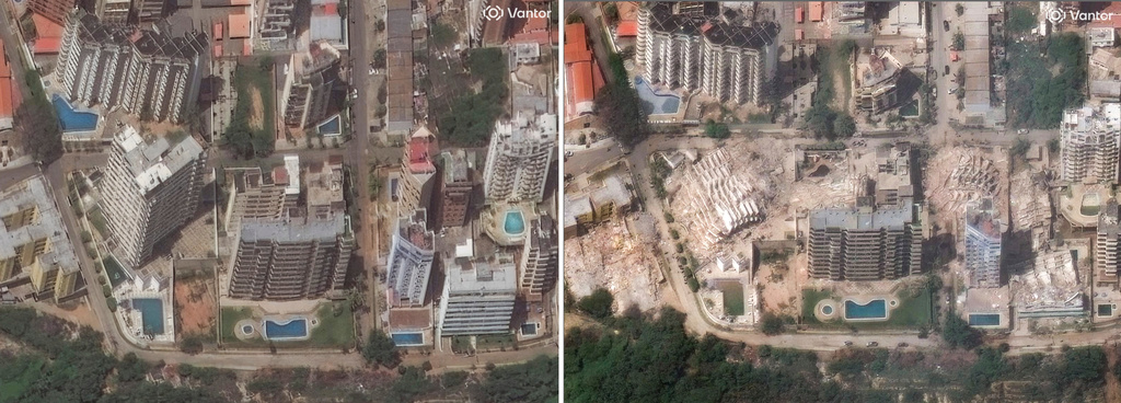 This satellite image provided by Vantor shows from left, apartment buildings in La Guaira, Venezuela on June 22, 2026 and apartment buildings collapsed after the Earthquake on Thursday, June 25, 2026. (Satellite image ©2026 Vantor via AP)