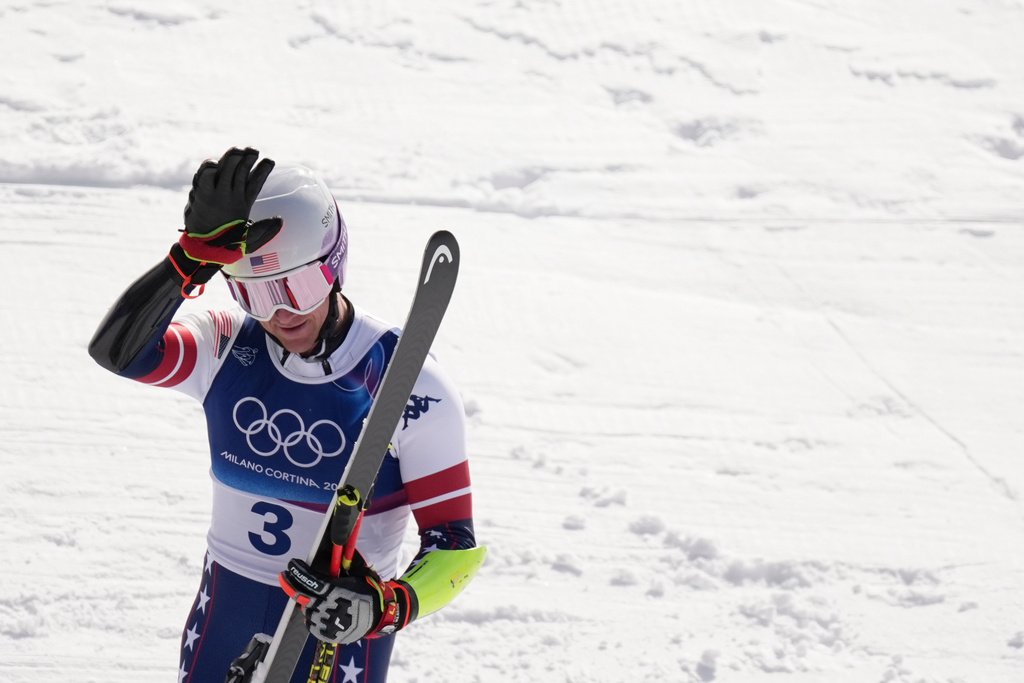 United States' Ryan Cochran Siegle celebrates at the finish area of an alpine ski, men's super-G race, at the 2026 Winter Olympics, in Bormio, Italy, Wednesday, Feb. 11, 2026. (AP Photo/Rebecca Blackwell)