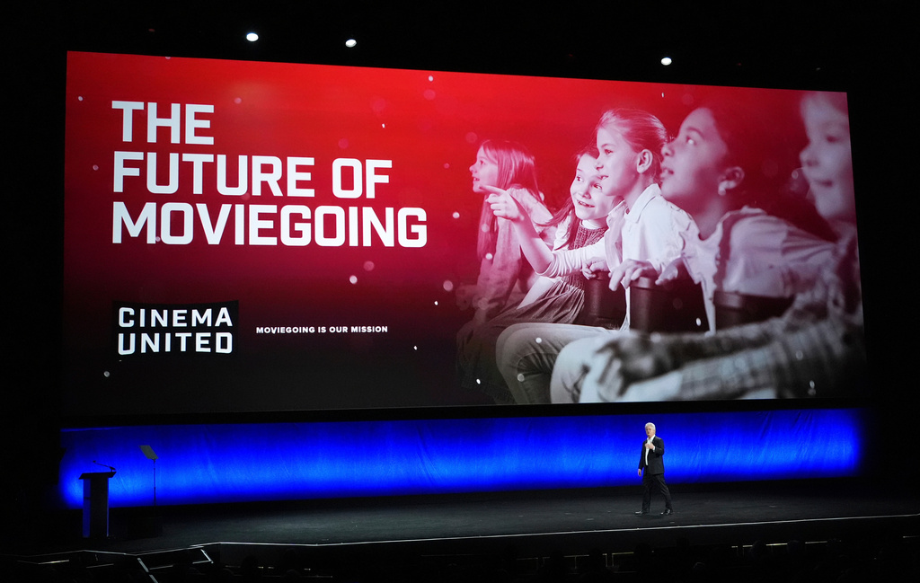 FILE - Michael O'Leary, president and CEO of Cinema United, speaks during the "State of the Industry" presentation at CinemaCon in Las Vegas on April 1, 2025. (AP Photo/Chris Pizzello, File)