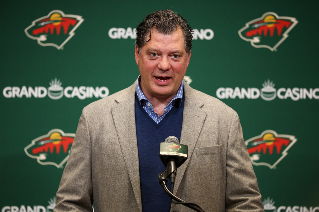 Minnesota Wild general manager Bill Guerin talks to the media prior to an NHL hockey game between the Wild and the Ottawa Senators, Saturday, Dec. 13, 2025, in St. Paul, Minn. (AP Photo/Matt Krohn)