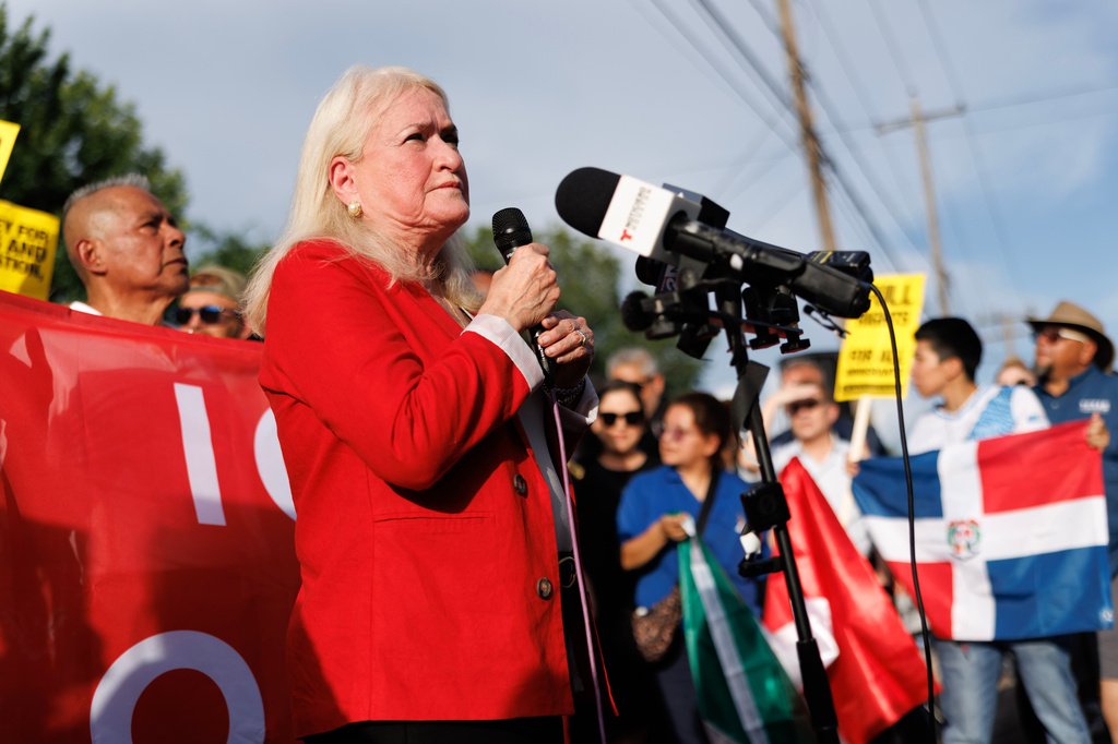 Congresswoman Sylvia Garcia speaks during a vigil for Lorenzo Salgado Araujo, a Mexican national fatally shot by a federal immigration agent a day prior, Wednesday, July 8, 2026, in Houston. (AP Photo/Mark Felix)