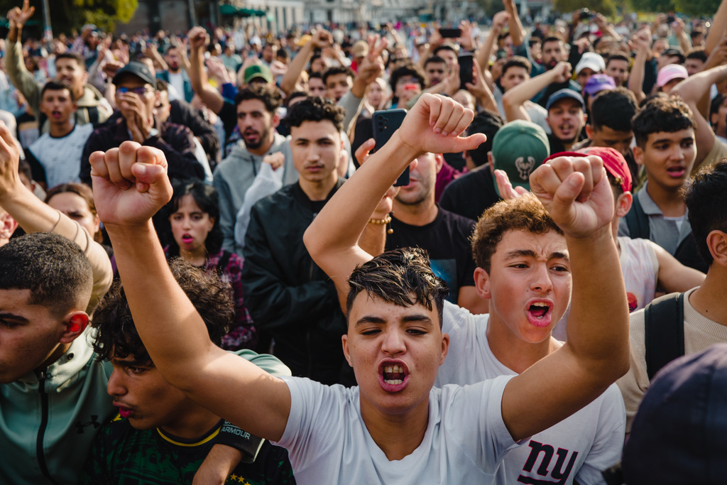 People protest against corruption and calling for healthcare and education reform, in Casablanca, Morocco, Thursday, Oct. 2, 2025. (AP Photo)