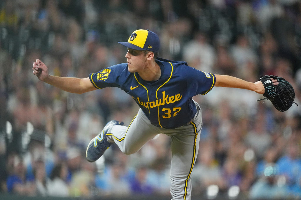 Milwaukee Brewers starting pitcher Jacob Misiorowski works against the Colorado Rockies in the seventh inning of a baseball game Saturday, June 6, 2026, in Denver. (AP Photo/David Zalubowski)