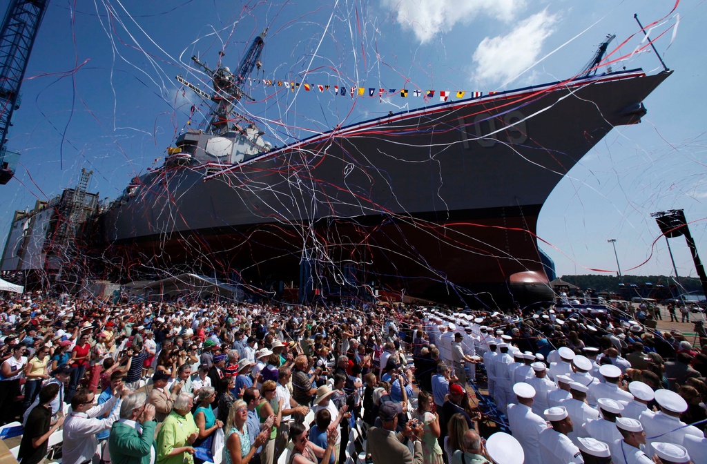 FILE - An Arleigh-Burke Class destroyer is christened at Bath Iron Works in Bath, Maine, Aug. 1, 2009. (AP Photo/Robert F. Bukaty, File)