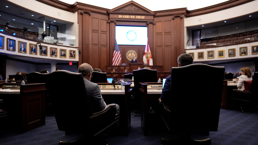 State Senators listen to debate on SB 8-D, a redistricting bill during a special session of the Florida Legislature, Wednesday, April 29, 2026, in Tallahassee, Fla. (AP Photo/Mike Stewart)