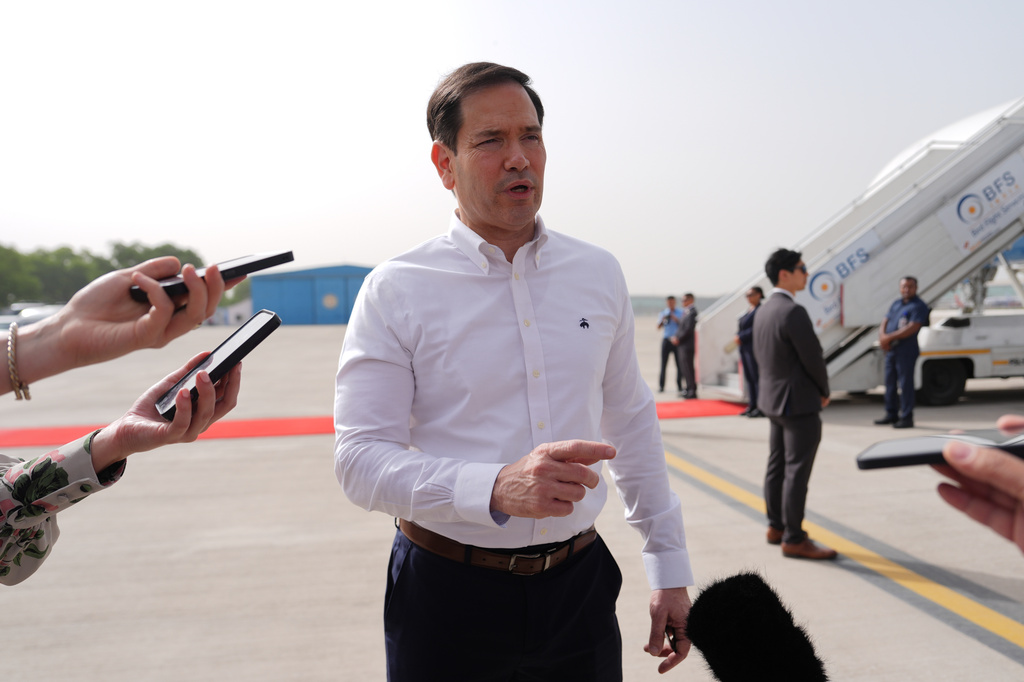United States Secretary of State Marco Rubio speaks to the journalists before boarding his plane at Indira Gandhi International Airport in New Delhi, India, Monday, May 25, 2026. (AP Photo/Julia Demaree Nikhinson, Pool)