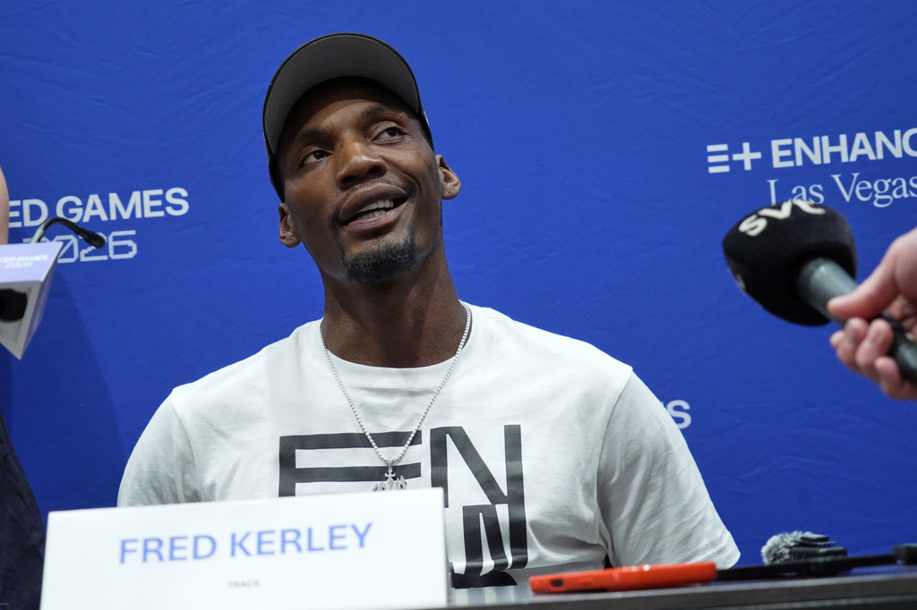 Athlete, Fred Kerley attends a press conference ahead of the Enhanced Games in Las Vegas, Friday, May 22, 2026. (AP Photo/Ty ONeil)