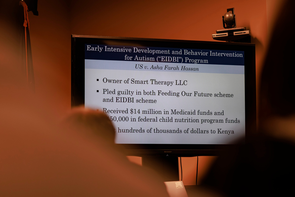 A slide outlining details is displayed during remarks by the U.S. Attorney's Office at a news conference at the United States Courthouse on Thursday, Dec. 18, 2025, in Minneapolis. (Kerem Yücel/Minnesota Public Radio via AP)