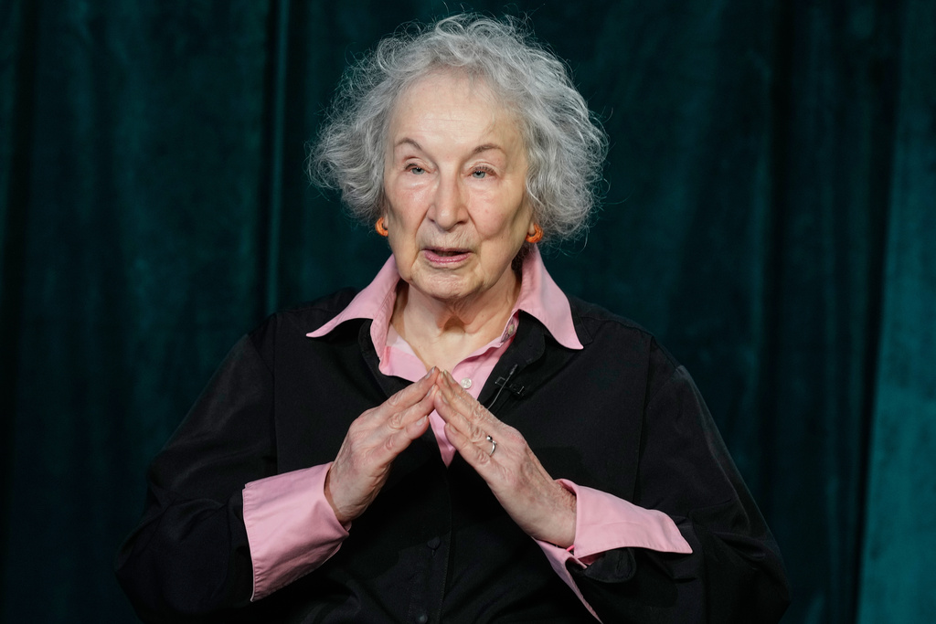 Author Margaret Atwood appears during an interview in New York on Thursday, Nov. 6, 2025. (AP Photo/Richard Drew)
