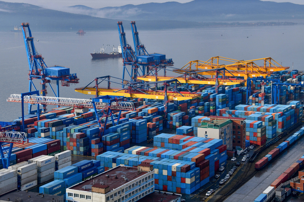 FILE - The container terminal at the seaport in the Pacific city of Vladivostok, Russia, is seen on April 7, 2025. (AP Photo, File)