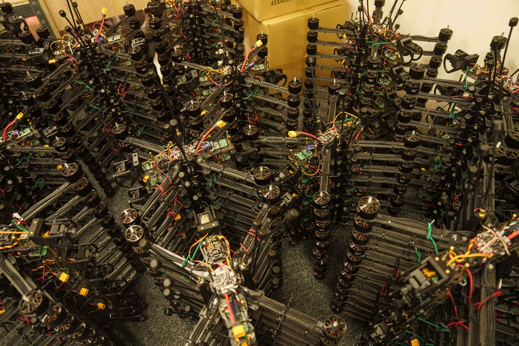 FPV drones are seen in a storage of the workshop of "General Cherry" company in Ukraine, on Dec. 4, 2025. (AP Photo/Evgeniy Maloletka)