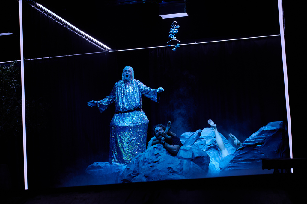 Actors perform their final rehearsal of "Odyssey. Maeotis," which reimagines Homer’s epic, at Ivan Franko theater in Kyiv, Tuesday, Aug. 25, 2026. (AP Photo/Francisco Seco)