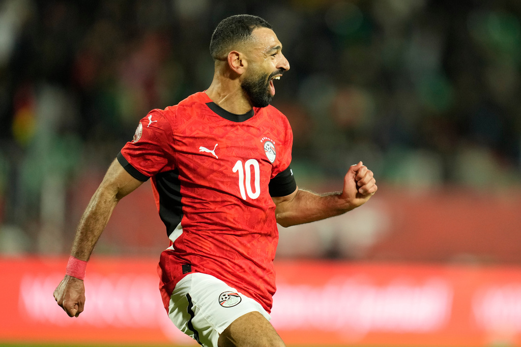 FILE - Egypt's Mohamed Salah celebrates after scoring his side's third goal during the Africa Cup of Nations round of 16 soccer match between Egypt and Benin in Agadir, Morocco, Monday, Jan. 5, 2026. (AP Photo/Mosa'ab Elshamy, File)