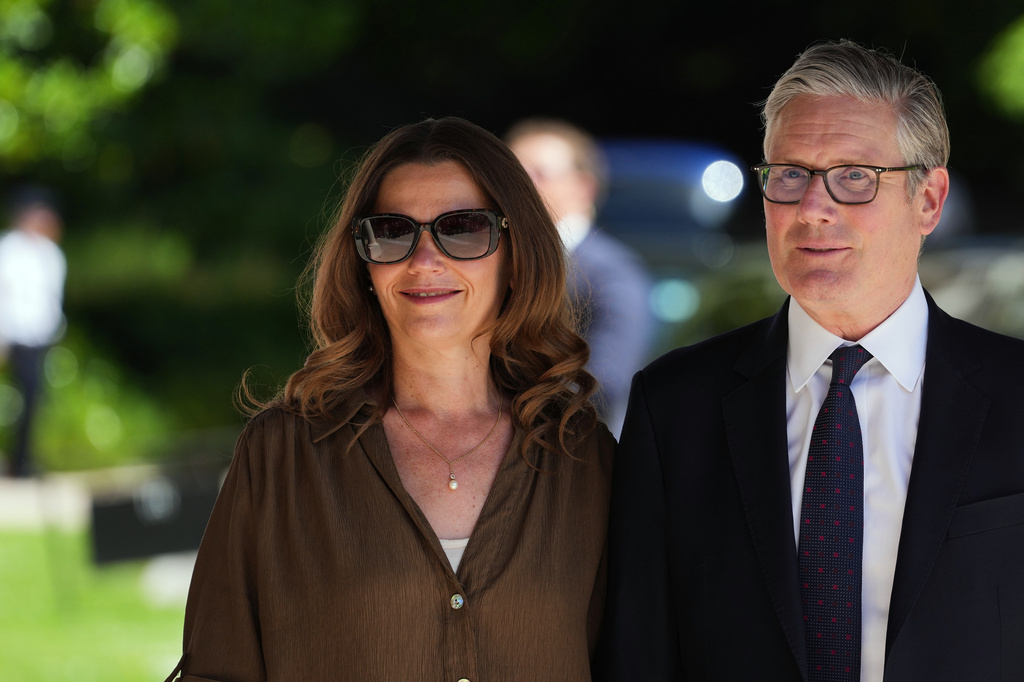 British Prime Minister Keir Starmer and his wife Victoria Starmer arrive for the G7 summit in Evian-les-Bains, France, Monday, June 15, 2026. (AP Photo/Thibault Camus)