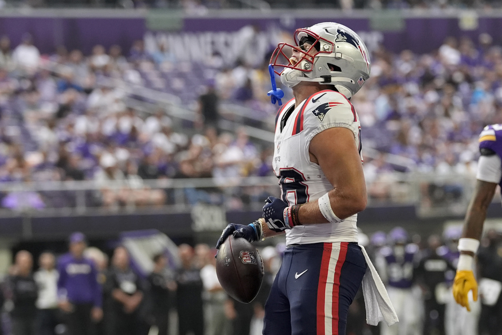 New England Patriots wide receiver Efton Chism III celebrates after scoring during the first half of a preseason NFL football game against the Minnesota Vikings Saturday, Aug. 16, 2025, in Minneapolis. (AP Photo/Abbie Parr)