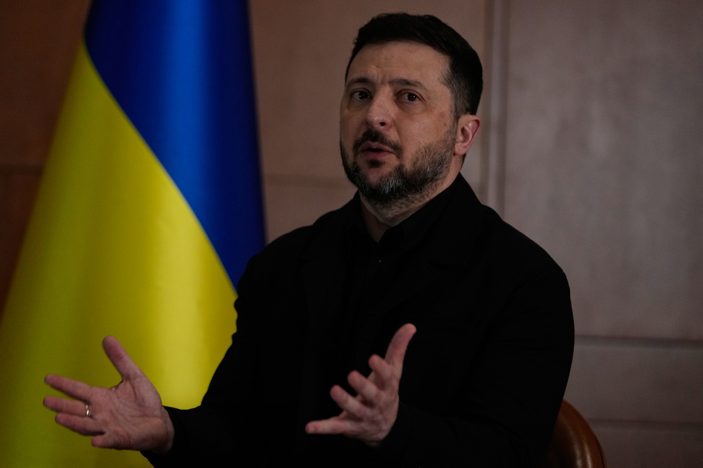 Ukraine's President Volodymyr Zelenskyy speaks during an interview with The Associated Press, in Istanbul, Turkey, Saturday, April 4, 2026. (AP Photo/Khalil Hamra)