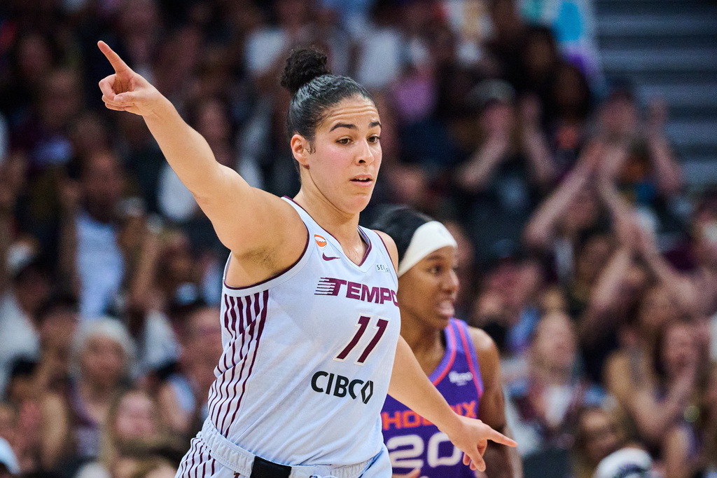 Toronto Tempo's Kia Nurse (11) celebrates after scoring against the Phoenix Mercury during first half of an WNBA basketball game in Toronto, on Saturday, June 27, 2026. (Sammy Kogan /The Canadian Press via AP)