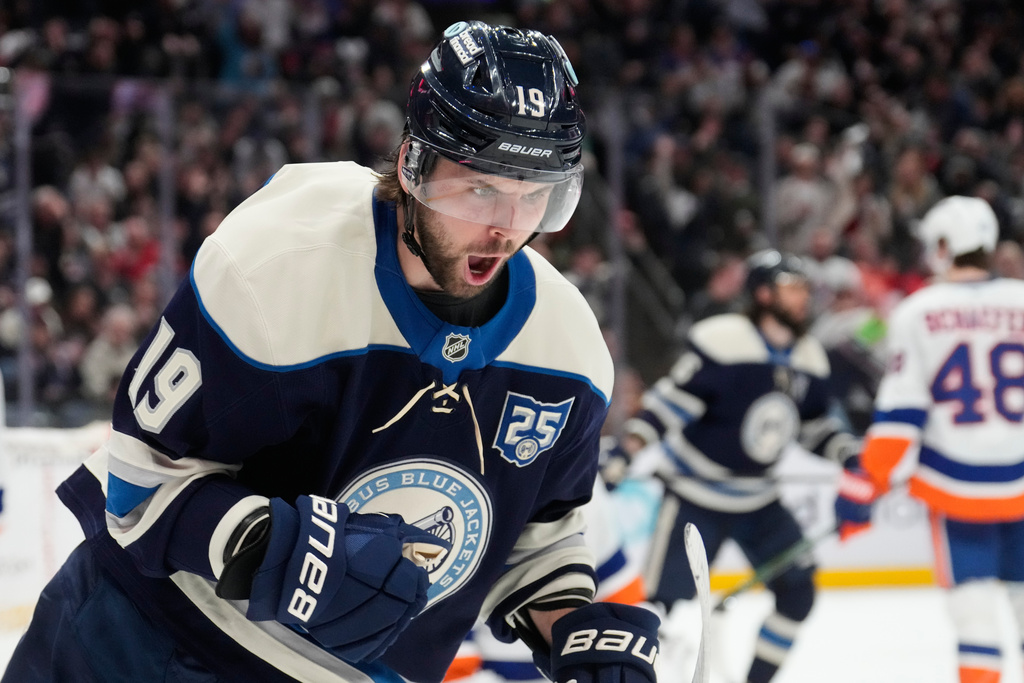 Columbus Blue Jackets center Adam Fantilli (19) celebrates after scoring in the second period of an NHL hockey game against the New York Islanders in Columbus, Ohio, Saturday, Feb. 28, 2026. (AP Photo/Sue Ogrocki)