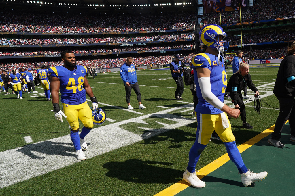 Los Angeles Rams quarterback Matthew Stafford leaves the field after their loss against the San Francisco 49ers in an NFL football game, Wednesday, Nov. 11, 2026, in Melbourne, Australia. (AP Photo/Scott Barbour)
