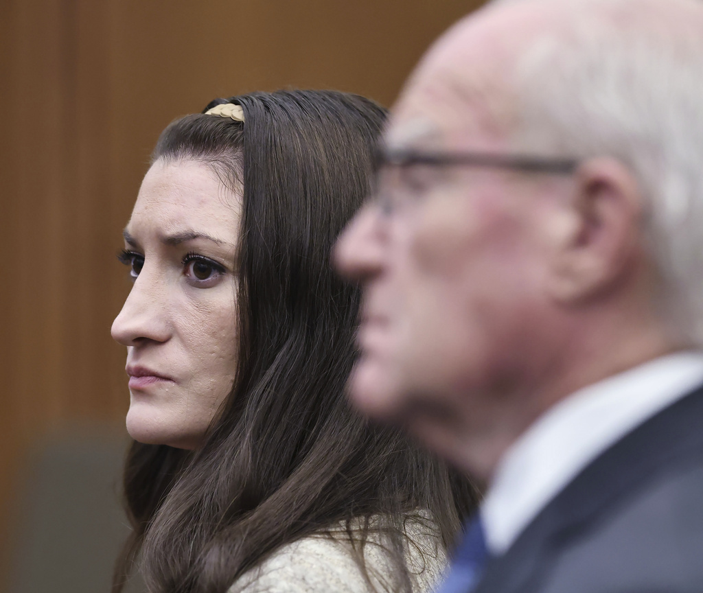 Lindsay Clancy looks at the jurors seated in the courtroom during her murder trial at Plymouth Superior Court in Plymouth, Mass., Tuesday, Sept. 1, 2026. (Greg Derr/The Patriot Ledger via AP, Pool)