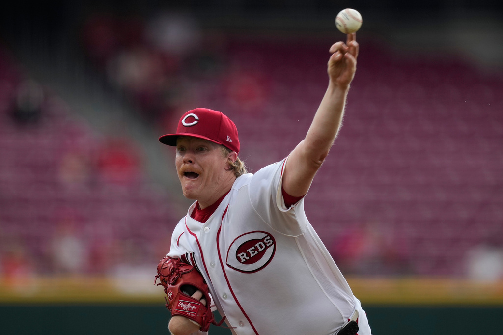Cincinnati Reds pitcher Andrew Abbott throws during the first inning of a baseball game against the Athletics in Cincinnati, Thursday, Aug. 6, 2026. (AP Photo/Carolyn Kaster)
