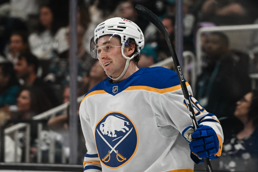 Buffalo Sabres center Noah Ostlund (86) reacts after scoring a goal against the San Jose Sharks during the second period of an NHL hockey game Thursday, March 19, 2026, in San Jose, Calif. (AP Photo/Thien-An Truong)